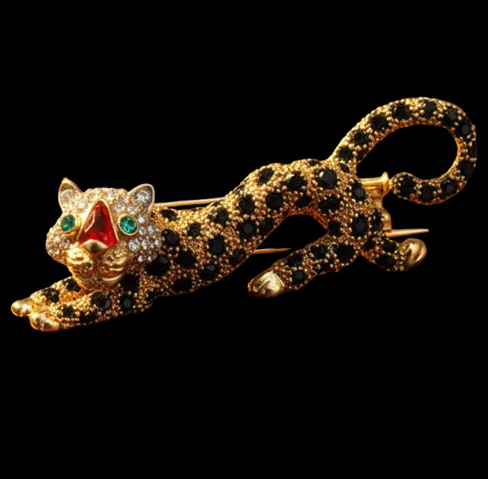 Estate Italian Designer Frederique Constant Modele Diamond Emerald Red & Black Enamel Panther Brooch 15559