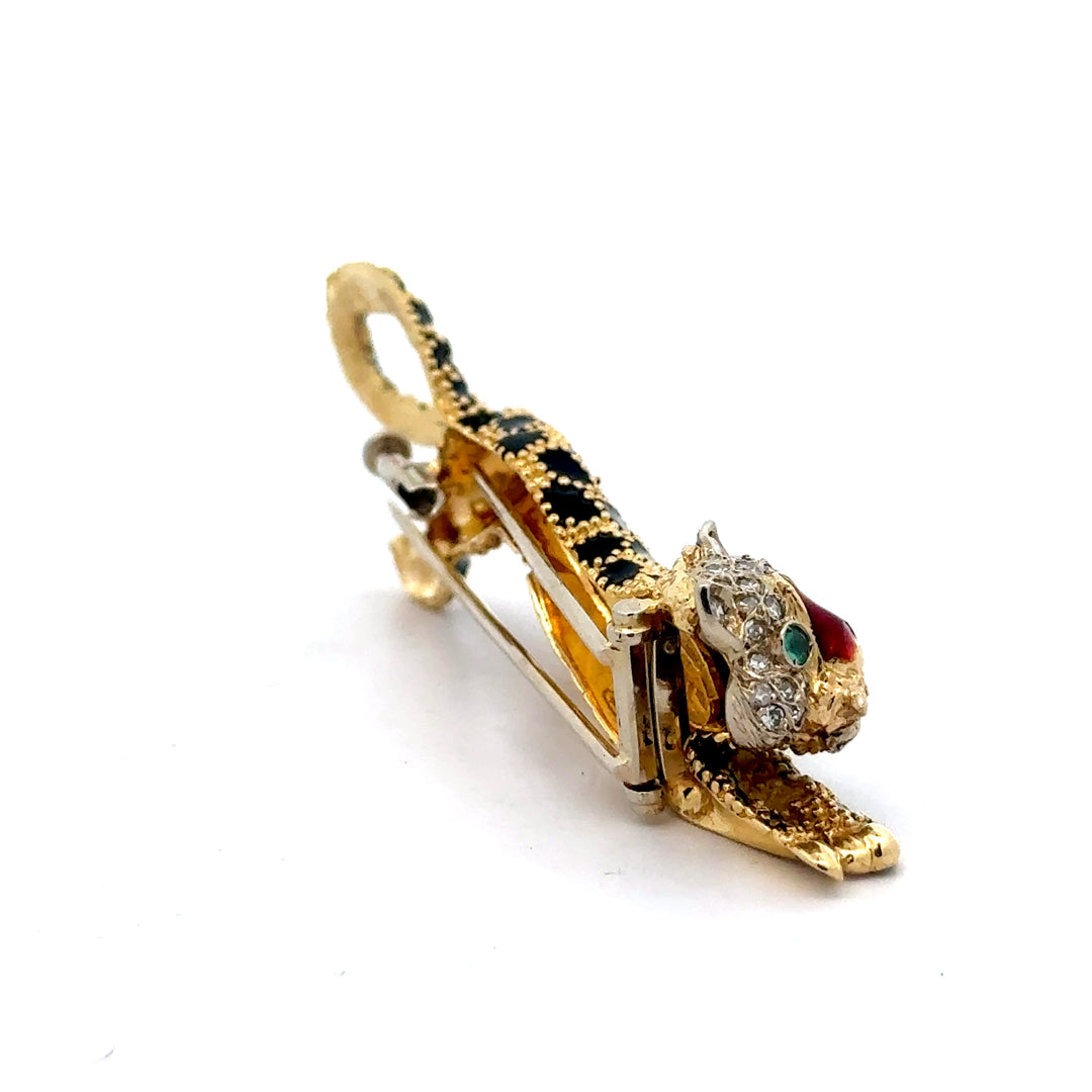Estate Italian Designer Frederique Constant Modele Diamond Emerald Red & Black Enamel Panther Brooch 15559
