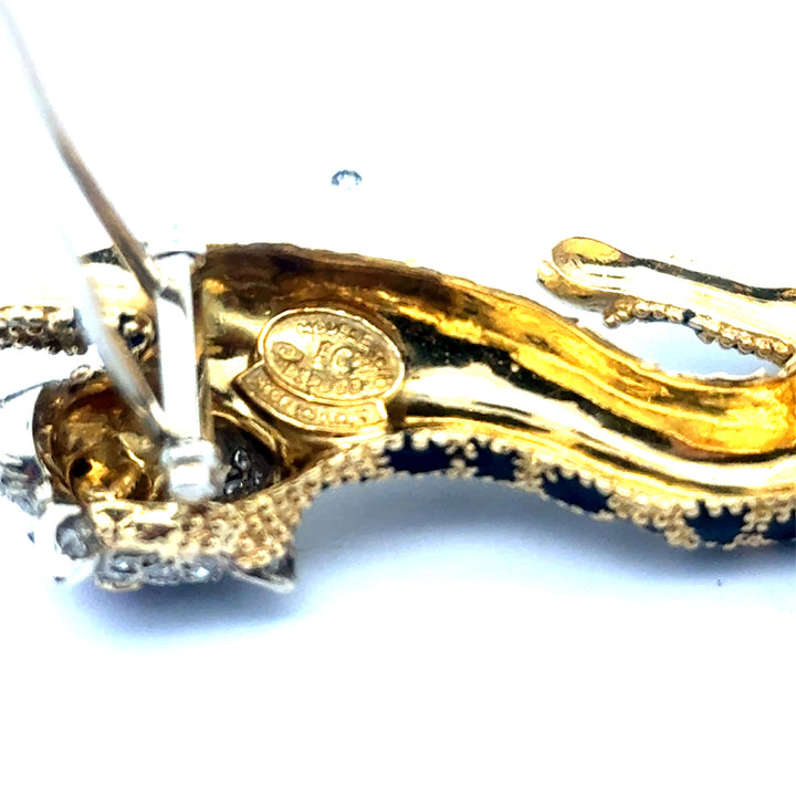 Estate Italian Designer Frederique Constant Modele Diamond Emerald Red & Black Enamel Panther Brooch 15559