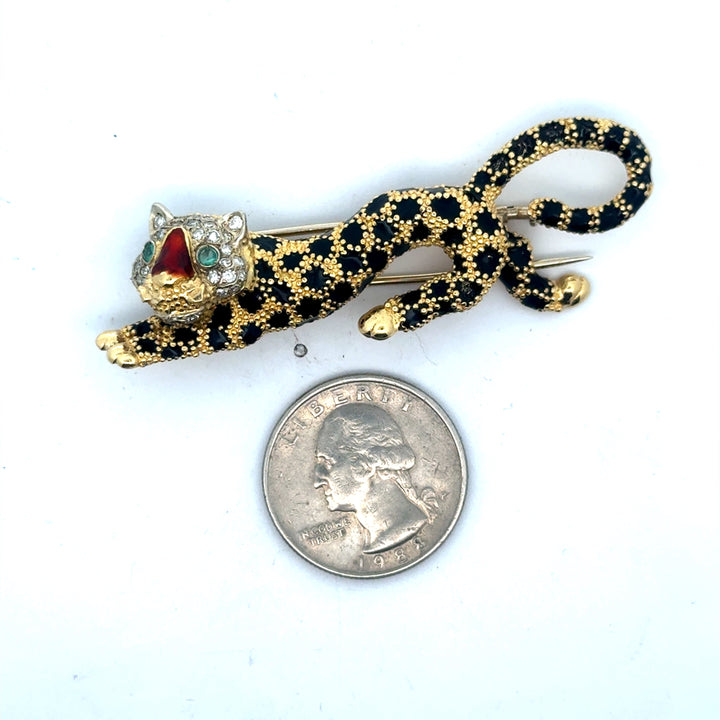 Estate Italian Designer Frederique Constant Modele Diamond Emerald Red & Black Enamel Panther Brooch 15559