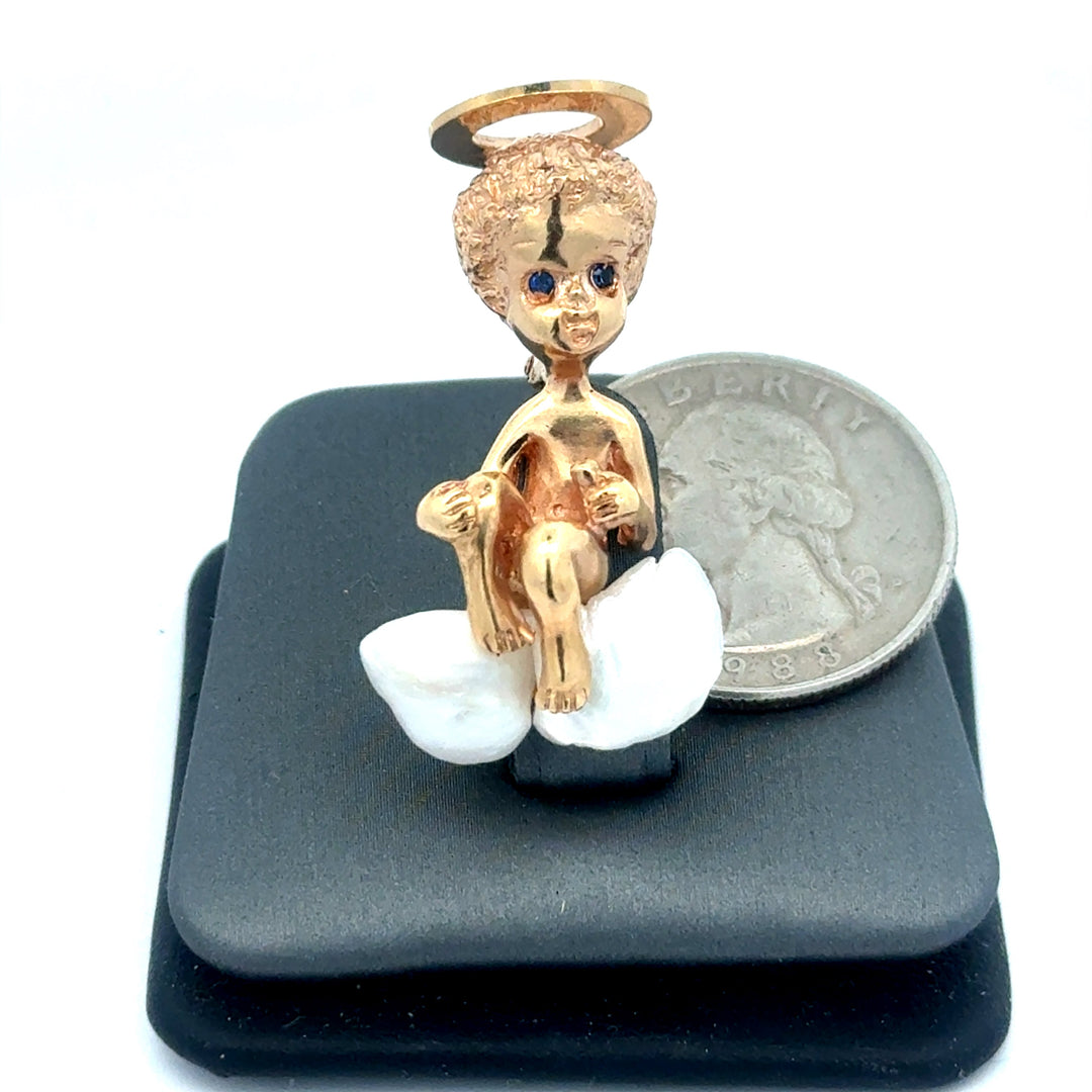 Estate Designer William Ruser Sapphire & Biwa Pearl Angel Brooch 15557