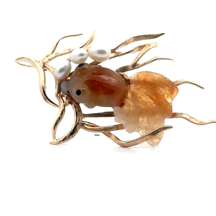 Estate Carved Agate & Pearl Fish Pendant/Brooch 15561