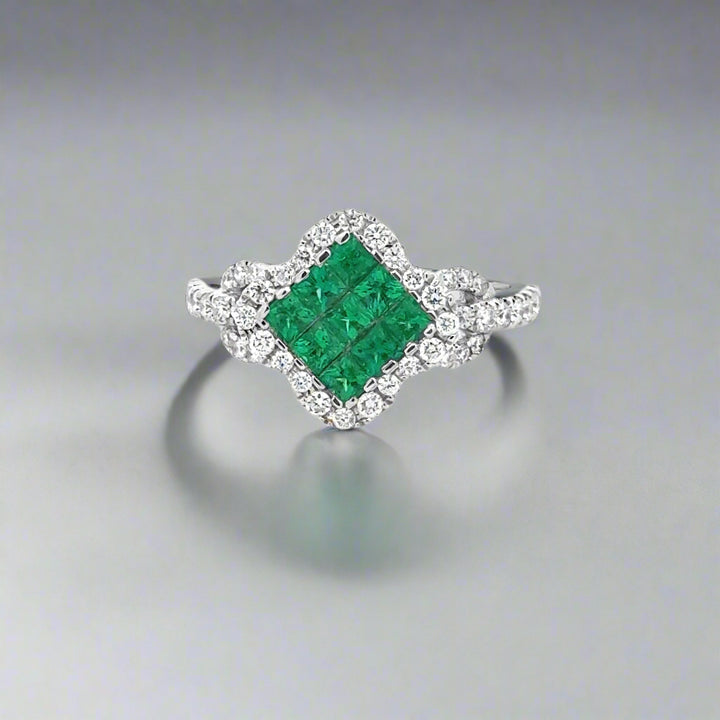 Emerald, Diamond and 18K White Gold Cocktail Ring