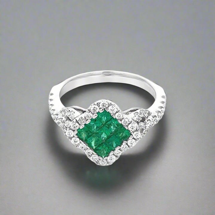 Emerald, Diamond and 18K White Gold Cocktail Ring