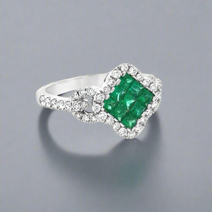 Emerald, Diamond and 18K White Gold Cocktail Ring