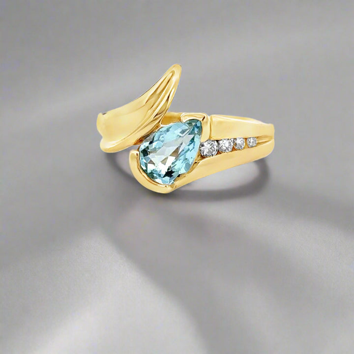 Pear Shaped Aquamarine, Diamond and 14K Yellow Gold Cocktail Ring