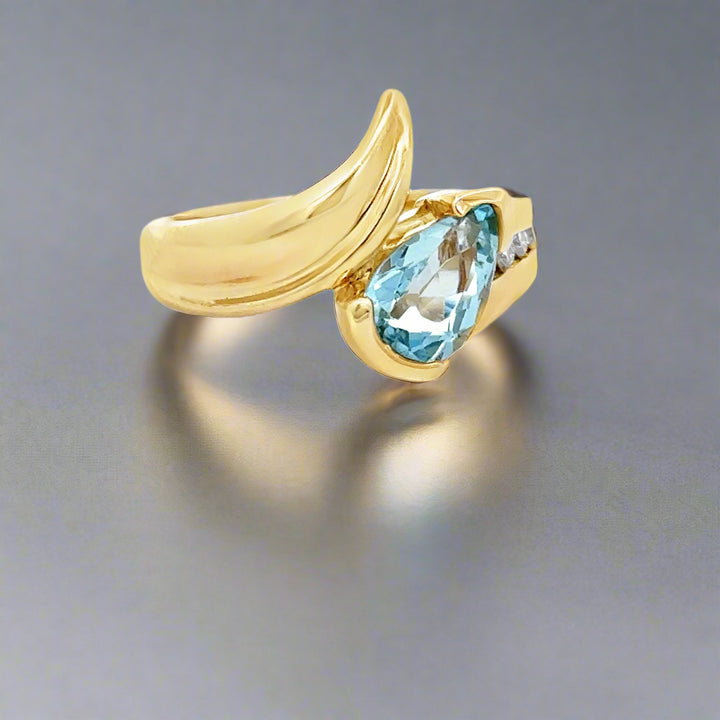 Pear Shaped Aquamarine, Diamond and 14K Yellow Gold Cocktail Ring