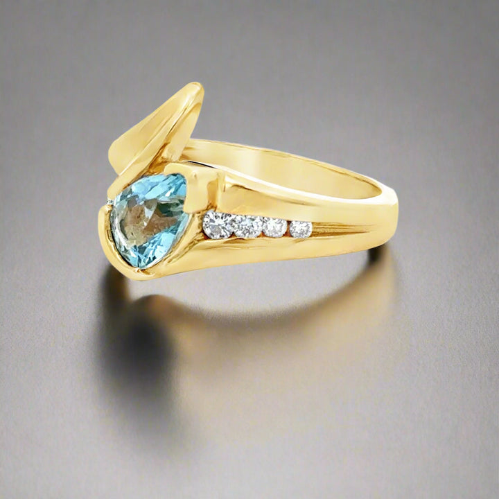 Pear Shaped Aquamarine, Diamond and 14K Yellow Gold Cocktail Ring