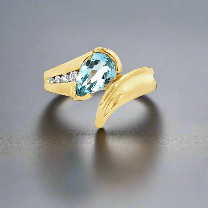 Pear Shaped Aquamarine, Diamond and 14K Yellow Gold Cocktail Ring
