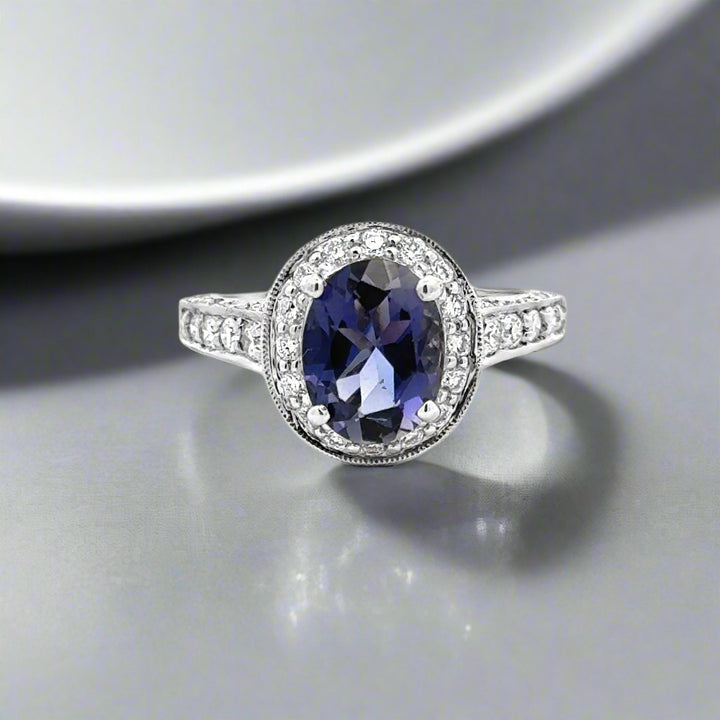 18K Gold Oval Iolite and White and Yellow Diamond Ring