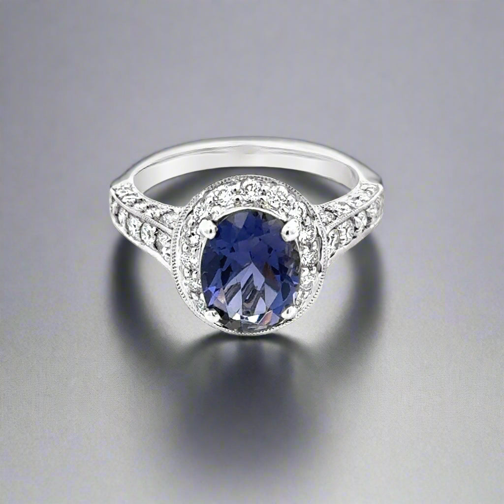 18K Gold Oval Iolite and White and Yellow Diamond Ring