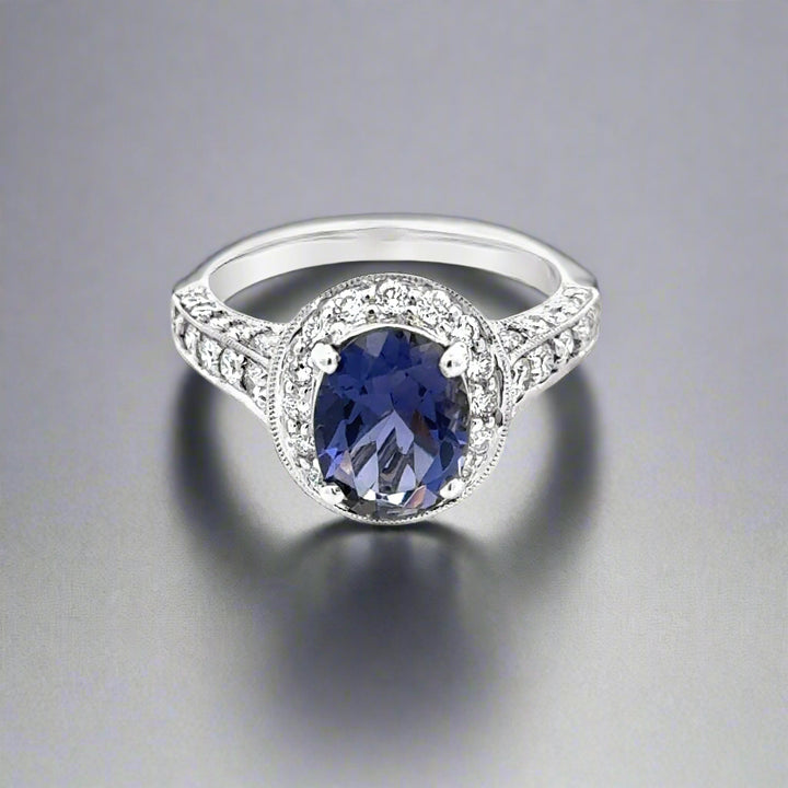 18K Gold Oval Iolite and White and Yellow Diamond Ring