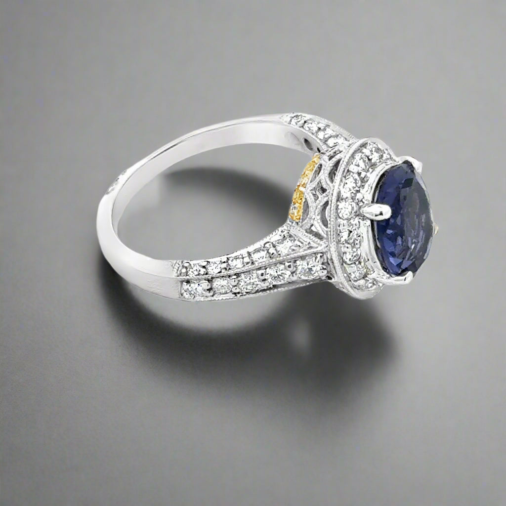 18K Gold Oval Iolite and White and Yellow Diamond Ring