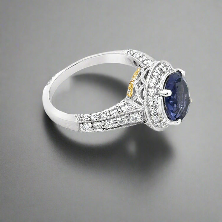 18K Gold Oval Iolite and White and Yellow Diamond Ring