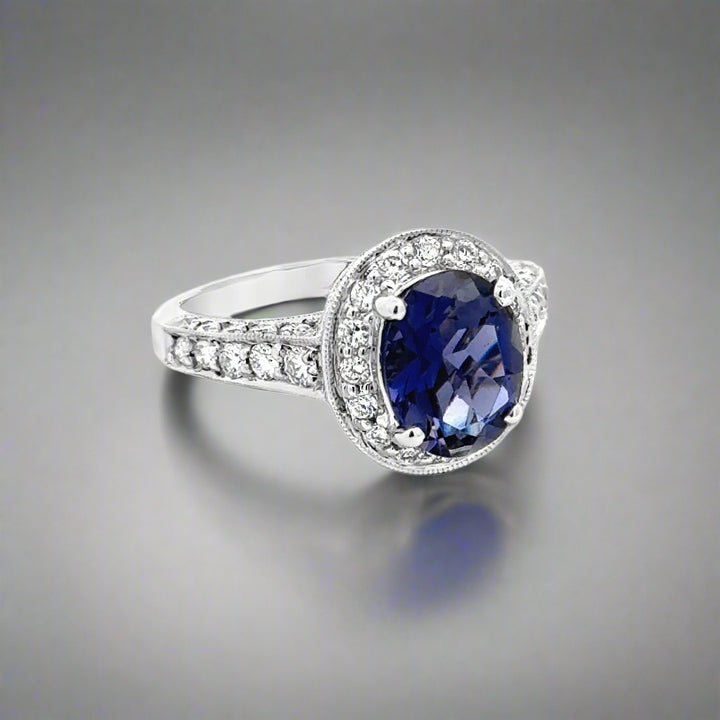 18K Gold Oval Iolite and White and Yellow Diamond Ring