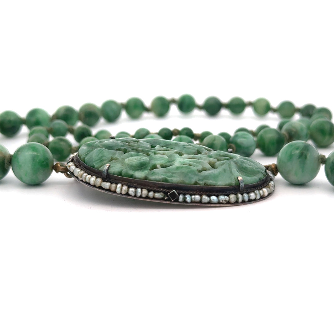 Estate Jadeite & Natural Pearl 14K White Gold Necklace 15667