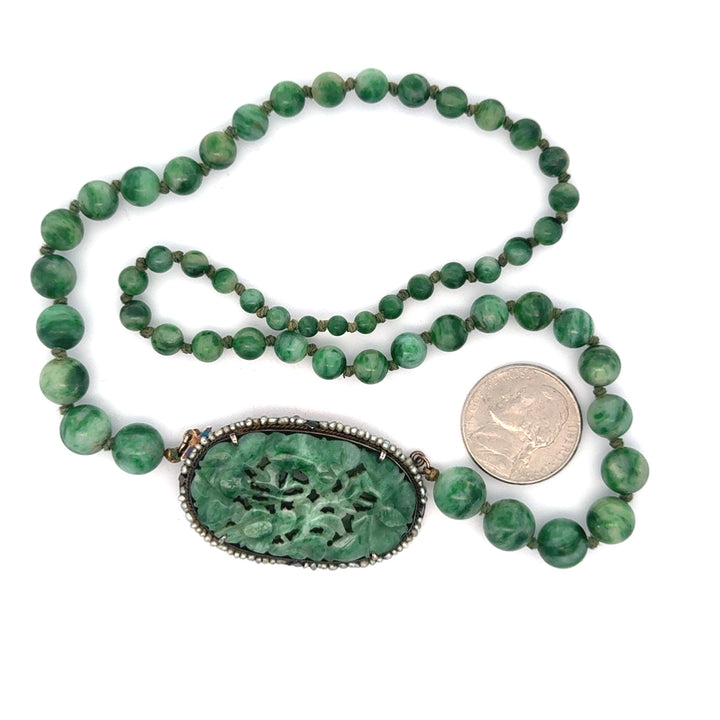 Estate Jadeite & Natural Pearl 14K White Gold Necklace 15667