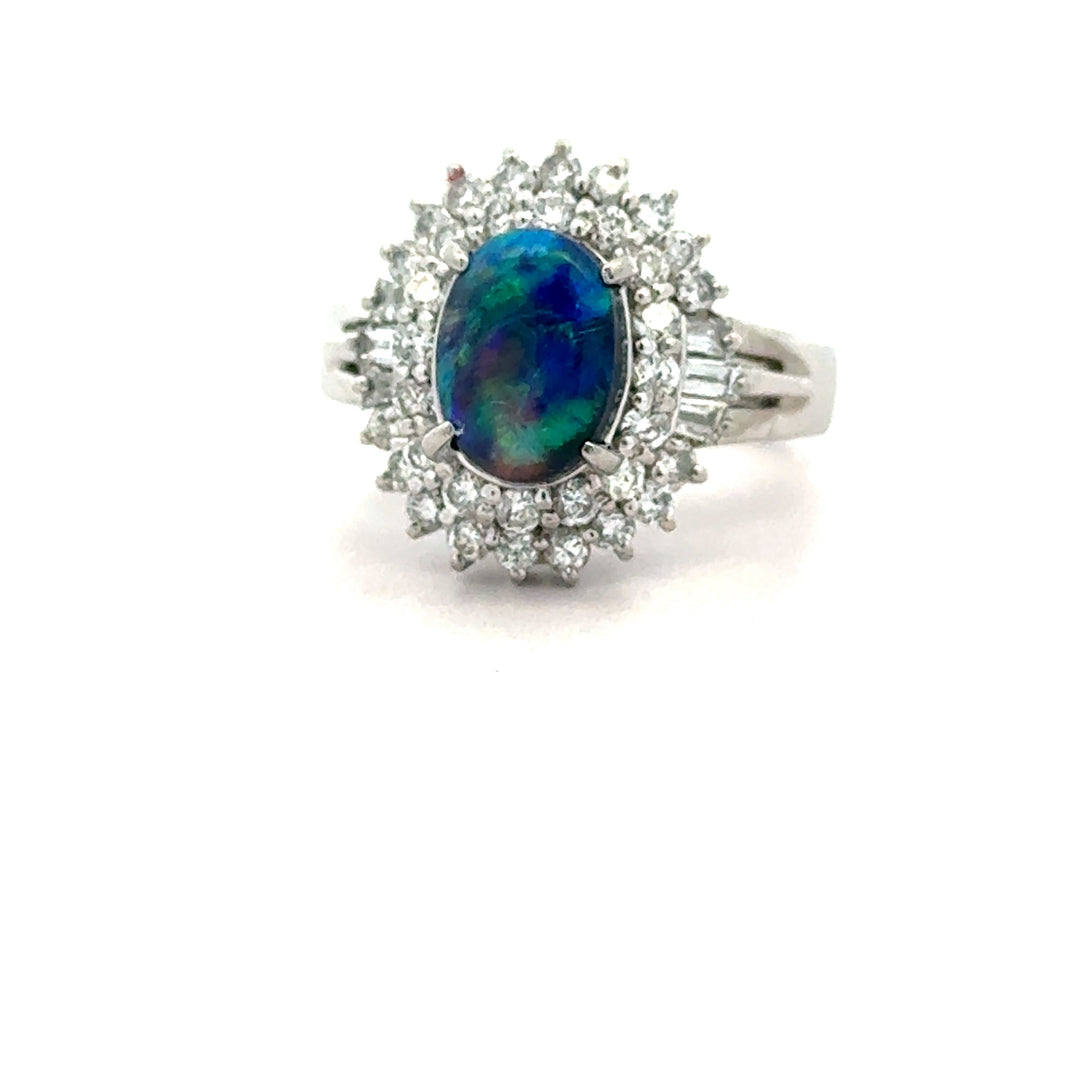 Estate Black Opal & Diamond Platinum Ring 15676