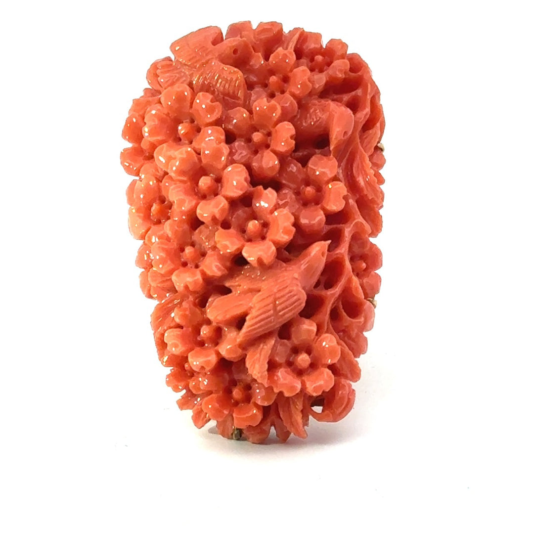 Natural Carved Coral and 14K Yellow Gold Italian Ring
