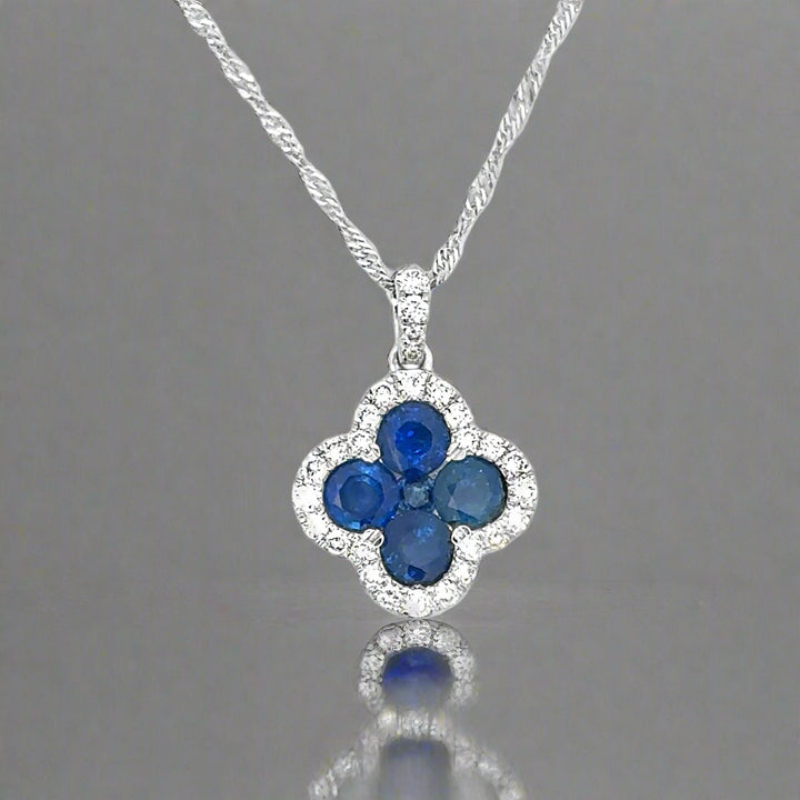 Diamond and Sapphire 14K White Gold Clover Necklace