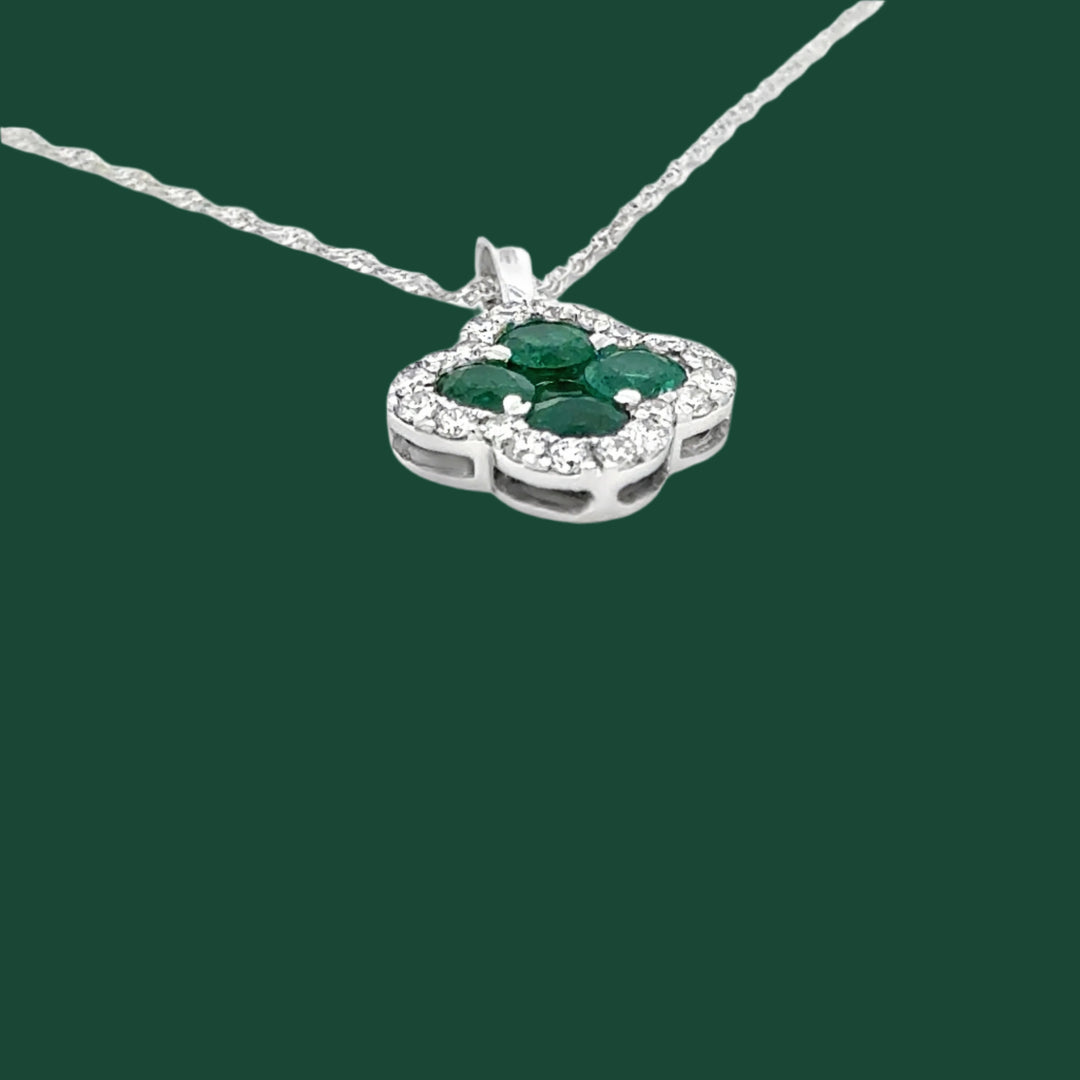 Diamond and Emerald 14K White Gold Clover Necklace