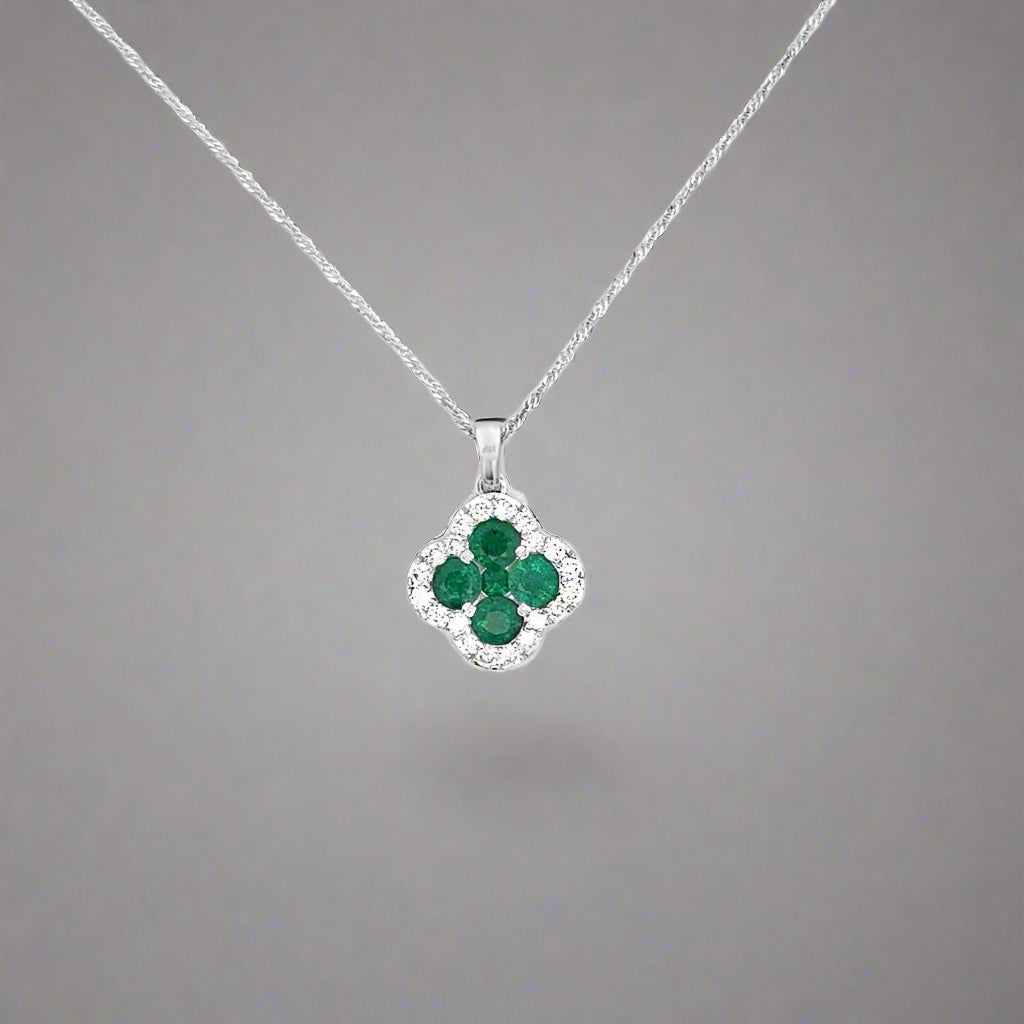 Diamond and Emerald 14K White Gold Clover Necklace