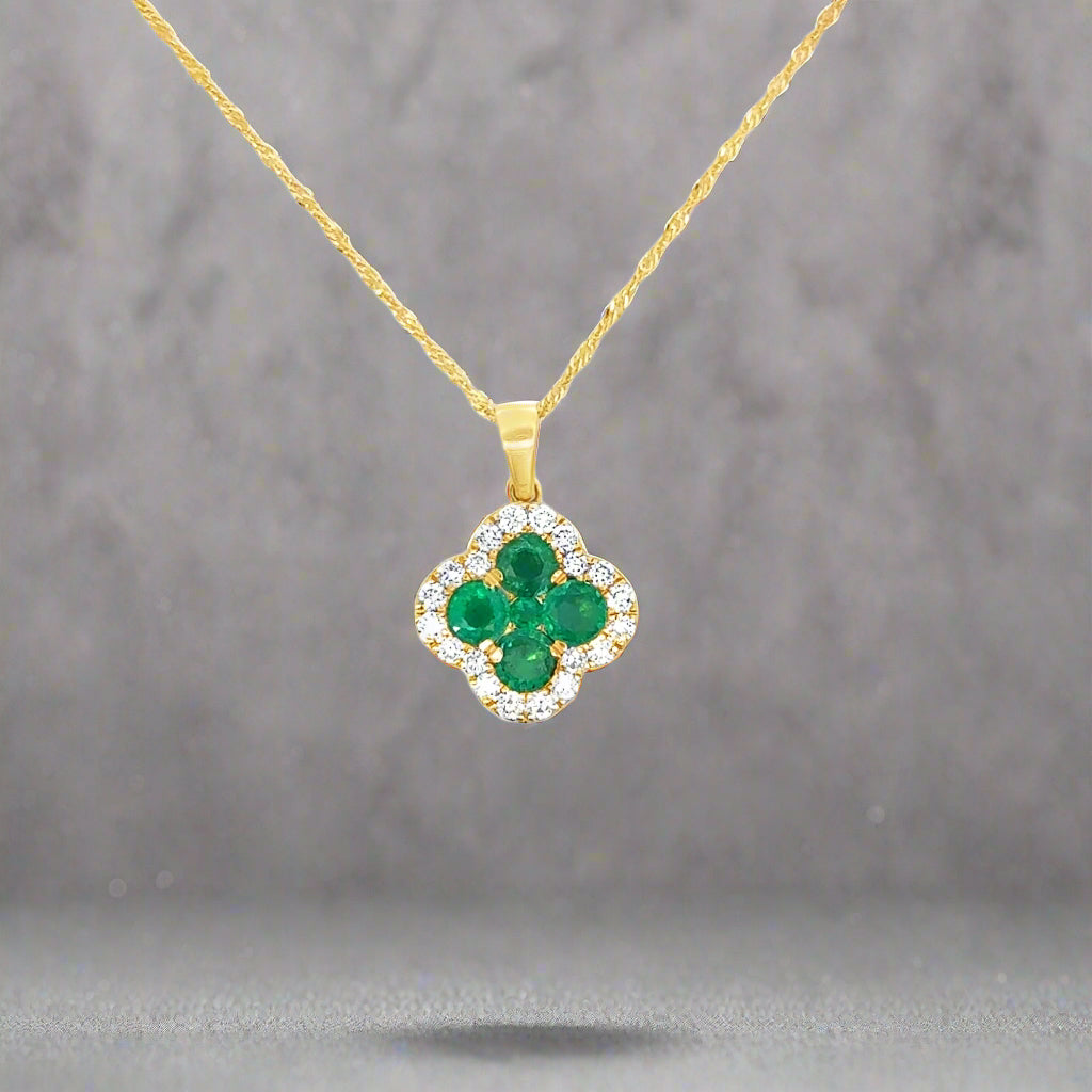 Diamond and Emerald 14K Yellow Gold Clover Necklace
