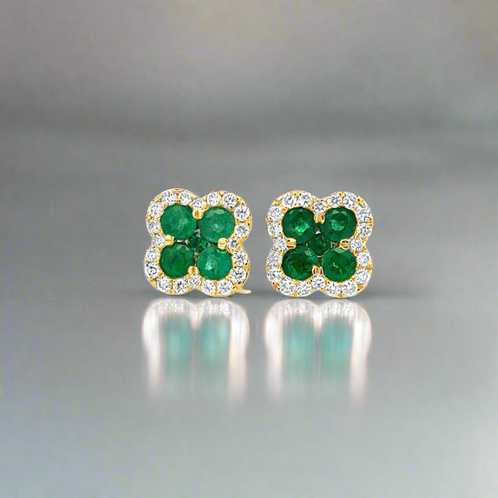 14K Yellow Gold Diamond and Emerald Clover Earrings