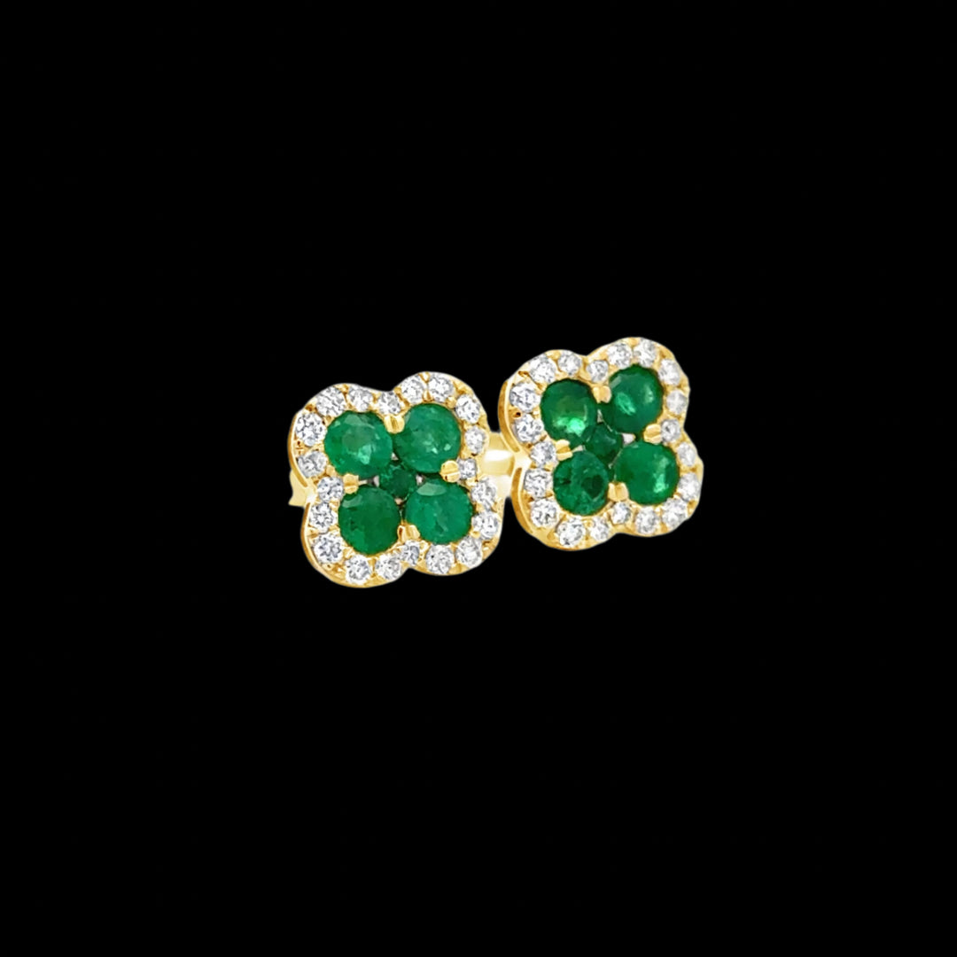 14K Yellow Gold Diamond and Emerald Clover Earrings