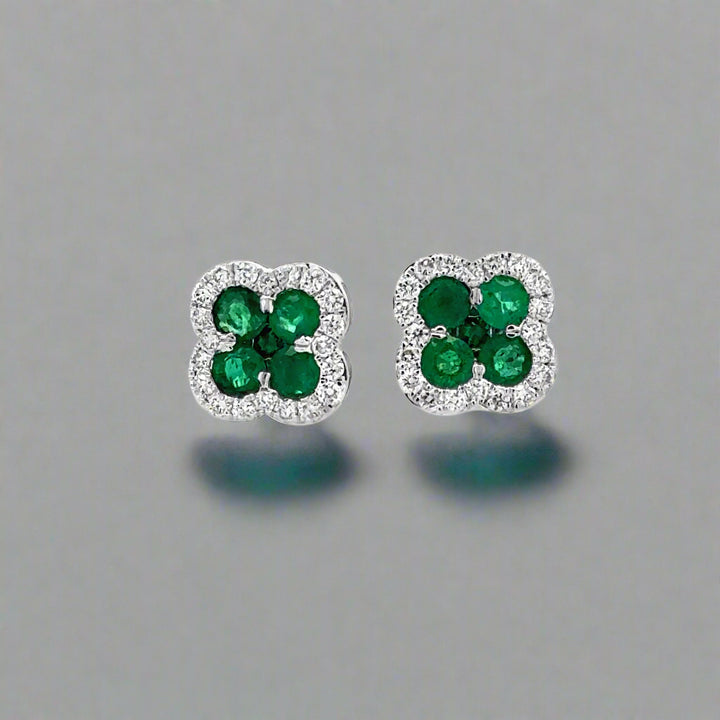 14K White Gold Diamond and Emerald Clover Earrings