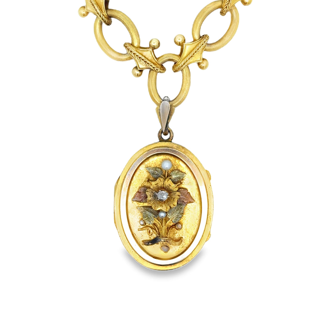 Antique Victorian 18K Tri-Gold, Diamond, Pearl Locket on Fancy Link Chain Necklace