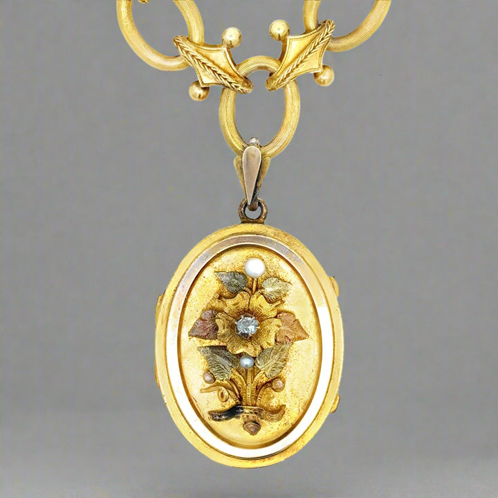 Antique Victorian 18K Tri-Gold, Diamond, Pearl Locket on Fancy Link Chain Necklace