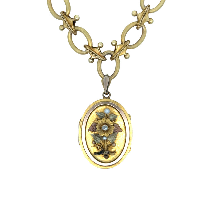 Antique Victorian 18K Tri-Gold, Diamond, Pearl Locket on Fancy Link Chain Necklace