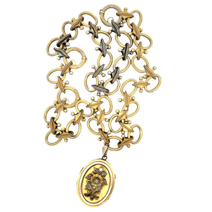 Antique Victorian 18K Tri-Gold, Diamond, Pearl Locket on Fancy Link Chain Necklace