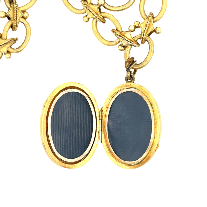 Antique Victorian 18K Tri-Gold, Diamond, Pearl Locket on Fancy Link Chain Necklace