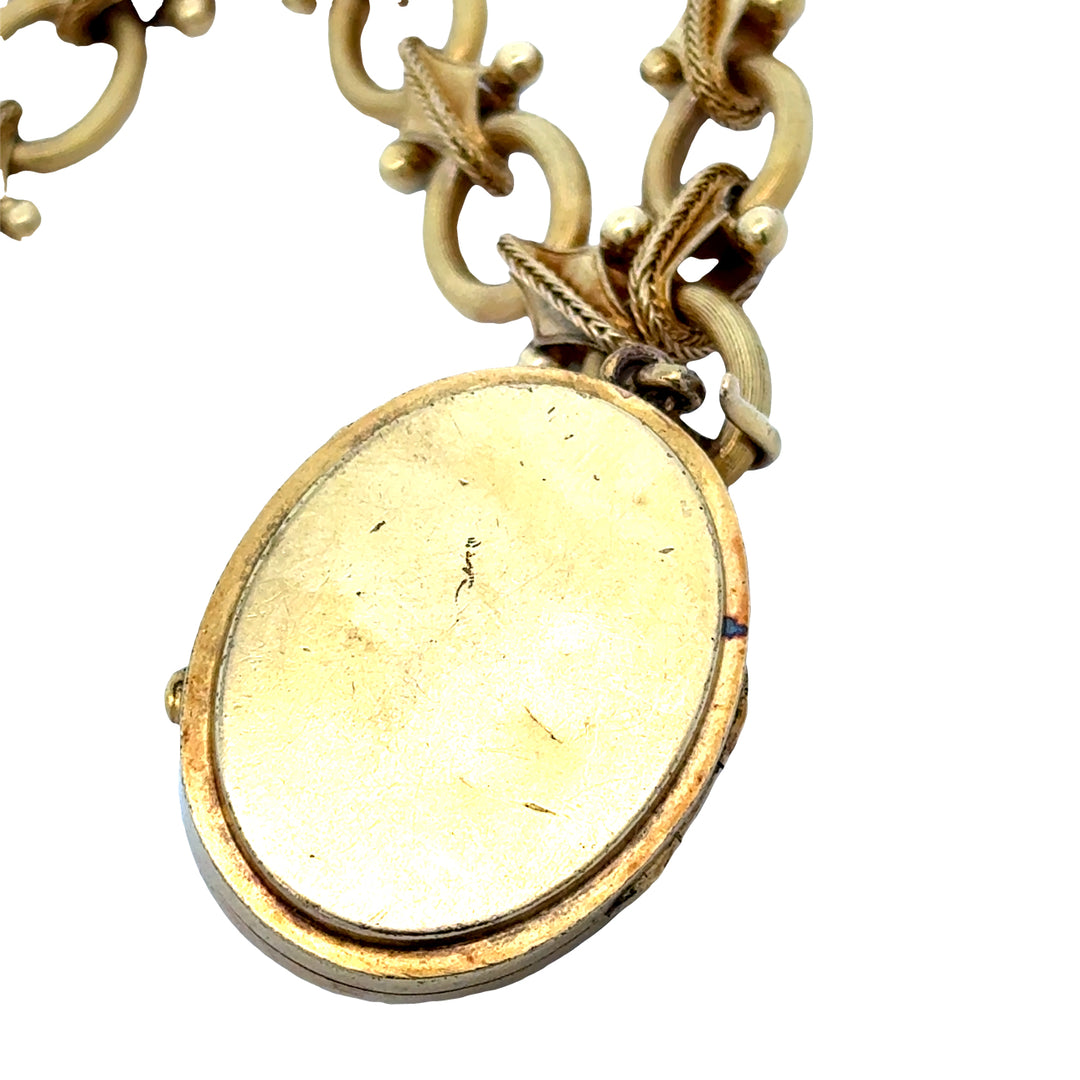 Antique Victorian 18K Tri-Gold, Diamond, Pearl Locket on Fancy Link Chain Necklace