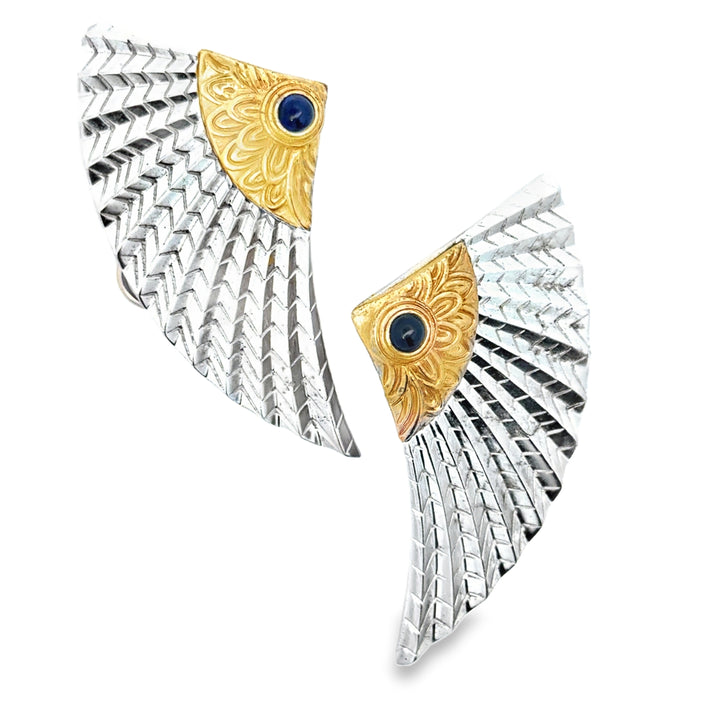 Erté "The Nile" Blue Sapphire, 14K Gold and Sterling Silver Earrings