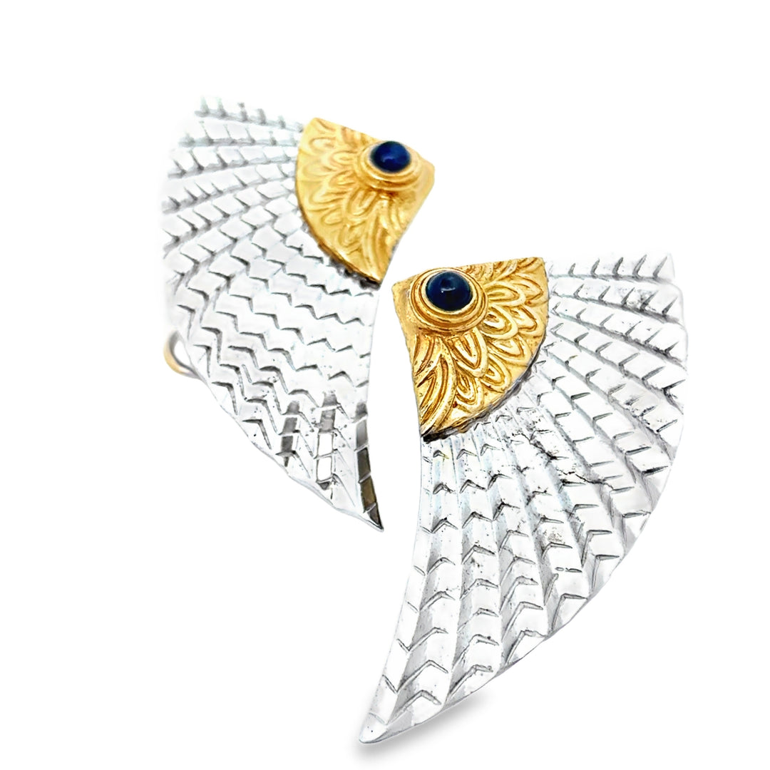 Erté "The Nile" Blue Sapphire, 14K Gold and Sterling Silver Earrings