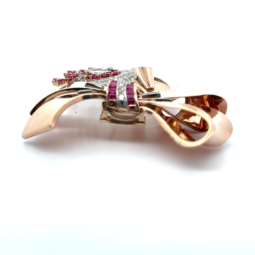 Retro 1940's Diamond, Ruby and 14k Rose Gold Pendant/Brooch