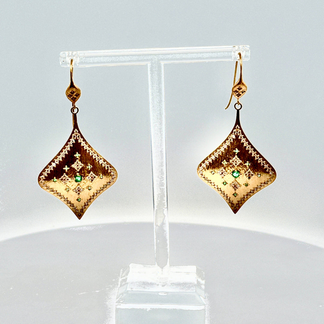 1990's Brush Finish Diamond and Emerald 18k Yellow Gold Earrings
