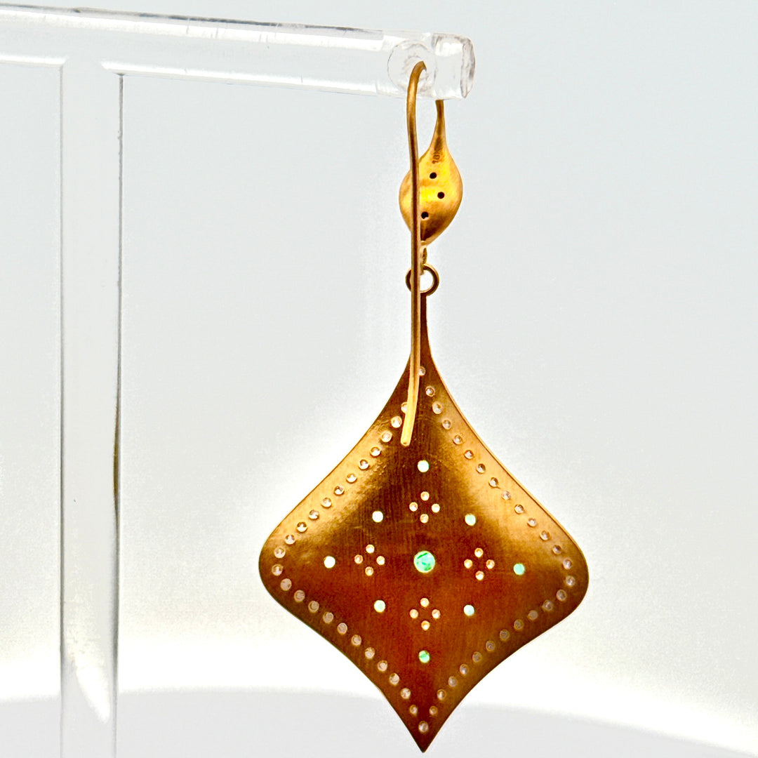 1990's Brush Finish Diamond and Emerald 18k Yellow Gold Earrings