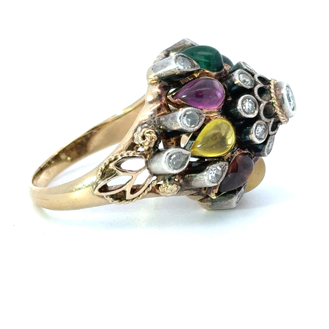 Vintage 14K Gold, Diamond and Multi Gemstone Thai Princess Harem Ring