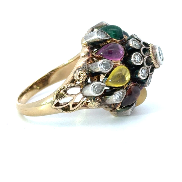 Vintage 14K Gold, Diamond and Multi Gemstone Thai Princess Harem Ring