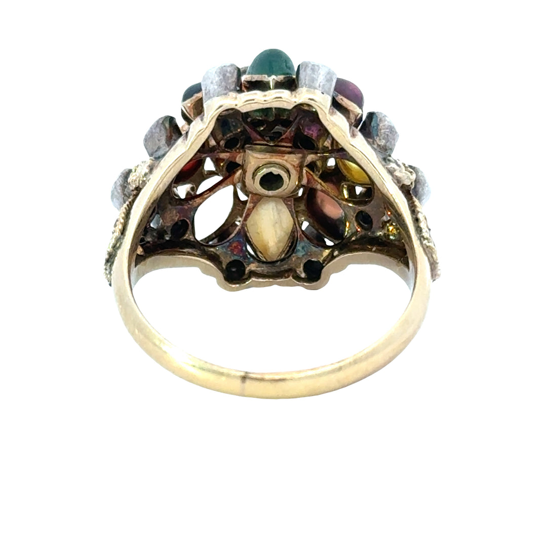 Vintage 14K Gold, Diamond and Multi Gemstone Thai Princess Harem Ring