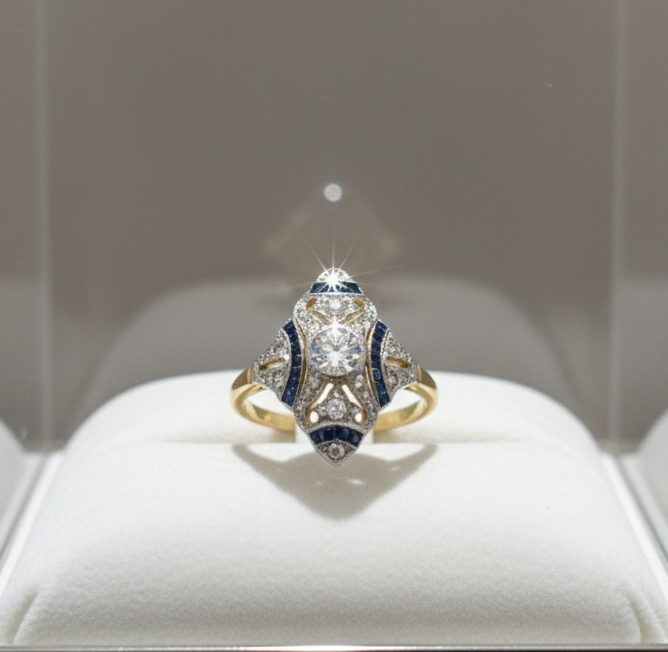 Art Deco Sapphire and Diamond Platinum and 18Kt Yellow Gold Ring