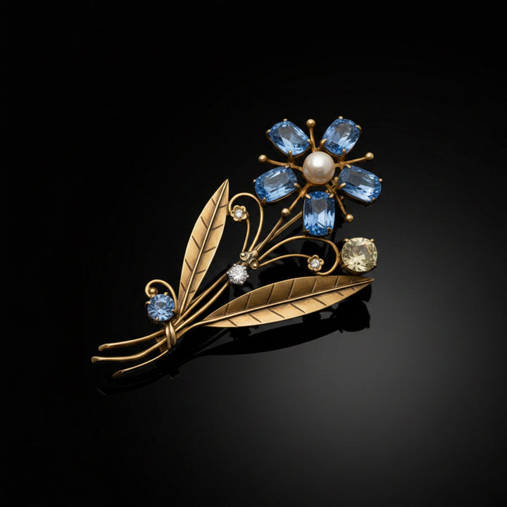 Estate Circa 1930 Tiffany & Co Blue and Yellow Sapphire, Diamond, Pearl Brooch