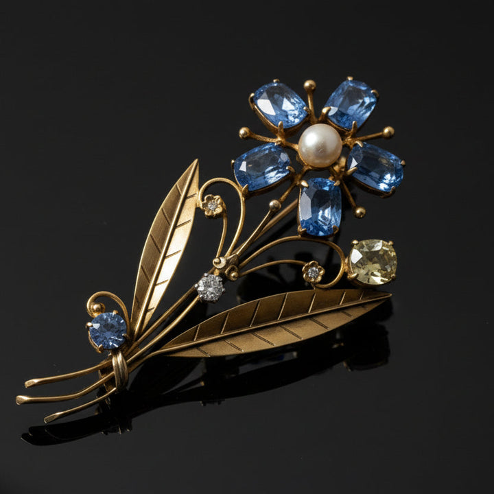 Estate Circa 1930 Tiffany & Co Blue and Yellow Sapphire, Diamond, Pearl Brooch