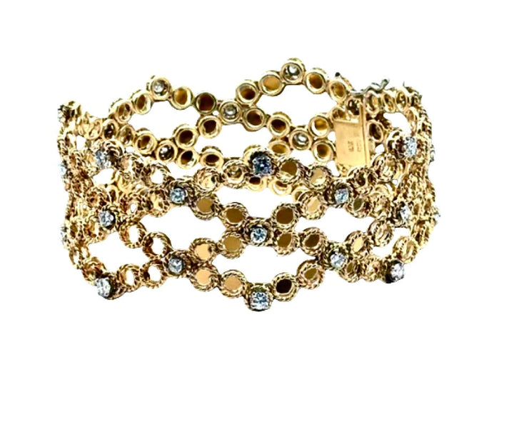 Italian Designer Diamond and 18K Yellow/White Gold Wide Weave Bracelet