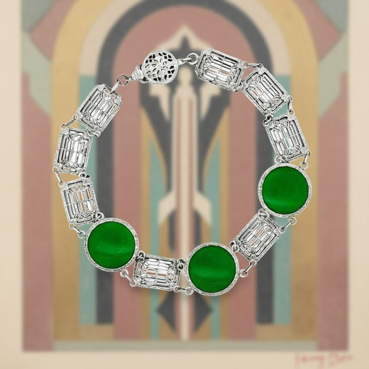 Art Deco Green Stone 14K White Gold Filigree Bracelet