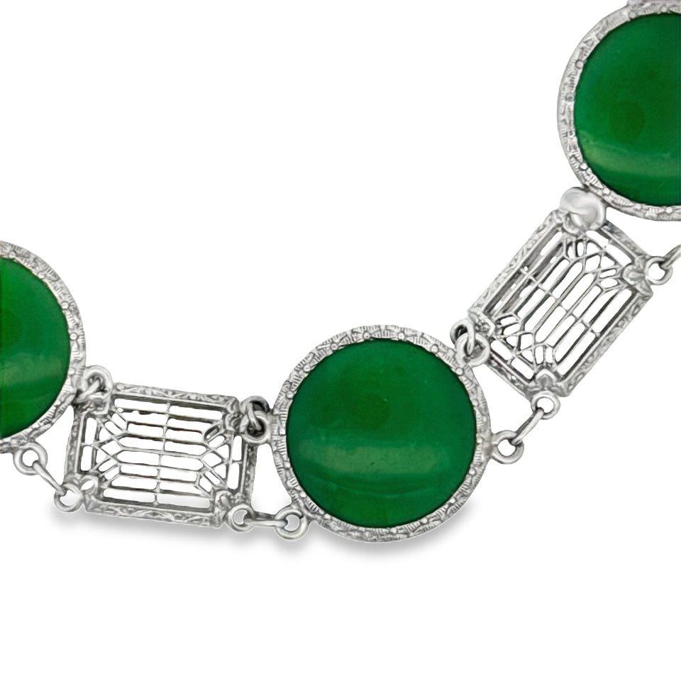 Art Deco Green Stone 14K White Gold Filigree Bracelet